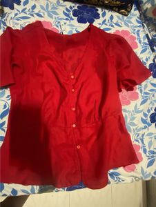 Chic Red Button-Up V-Neck Top