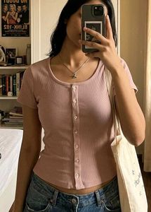Pink Ribbed Button-Up Top