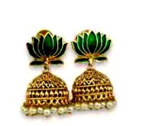 Green Lotus Jhumka Earrings with Pearls