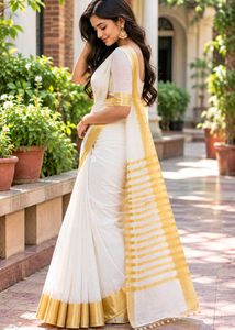 Elegant White Saree with Gold Border