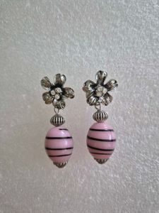 Cute Pink Striped Ball Flower Earrings