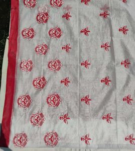 White Saree with Red Embroidery DURGA FACE