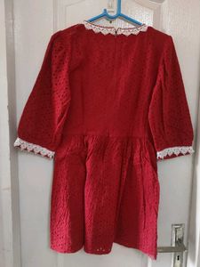 Red Textured Kurta with Lace Trim