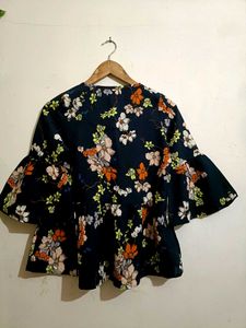 Chic Navy Floral Bell Sleeve Top
