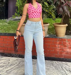 Pink Heart Print Halter Crop Top