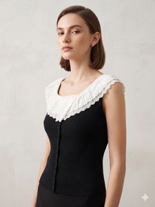 Chic Black Ribbed Top with Ruffled Collar