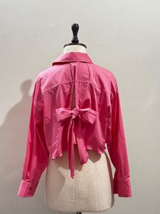 Pink Cropped Button-Up Shirt tie at the back
