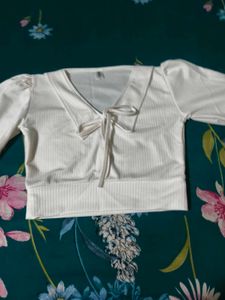 Chic White Ribbed V-Neck Tie Top