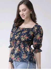 Navy Floral Smocked Peplum Top