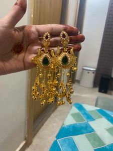 Gold Plated Green Stone Dangle Earrings