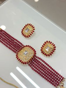 Maroon Beaded Choker Necklace &amp; Earrings Set