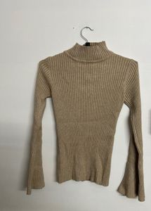 Ribbed Bell Sleeve Mock Neck Top