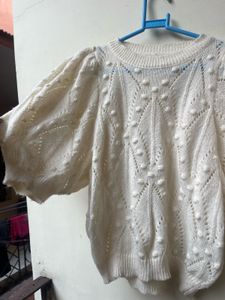 Cream Textured Puff Sleeve Sweater