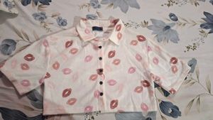 Cute Lip Print Button-Up Shirt