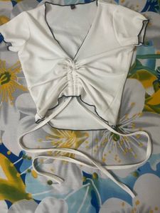 White Ruched Tie-Up Crop Top