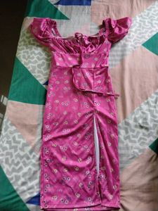 Korean style Pink Floral Print Dress with Slit