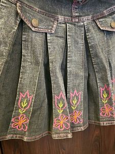 Denim Pleated Skirt with Floral Embroidery