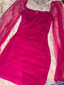 Hot Pink Mesh Sleeve Bodycon Dress