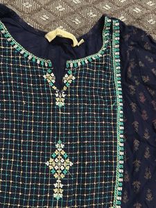 Elegant Navy Kurta with Embellished Neckline