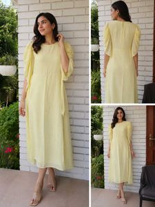 Elegant Yellow Puff Sleeve Midi Dress