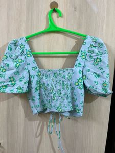 Zara Blue Floral Puff Sleeve Crop Top