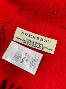 BURBERRY Solid Red Cashmere Cursive Logo Fringe