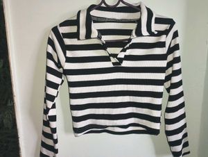 Striped Collared Long Sleeve Top
