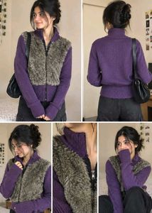 Purple Faux Fur Zip-Up Sweater