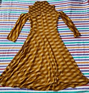 Mustard Pleated Cold Shoulder Midi Dress