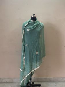 Elegant Teal Dupatta with Silver Border