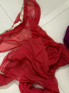Vibrant Red Dupatta with Golden Border
