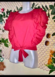 Chic Red Puff Sleeve Tie-Front Top