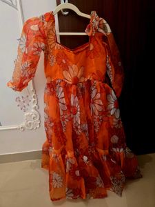 Orange Floral Puff Sleeve Midi Dress