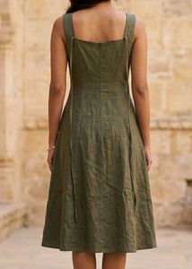 Olive Green Square Neck Button-Up Dress