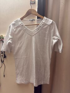 White V-Neck T-Shirt with Cutout Detail