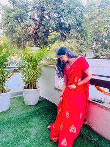 Vibrant Red Saree with Golden Motifs