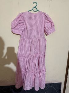 Pink Puff Sleeve Tiered Midi Dress