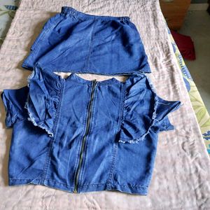 Denim Ruffled Top &amp; Skirt Set