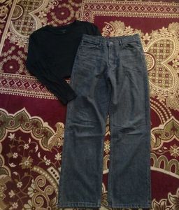 Black Long Sleeve Top & Grey Jeans Set
