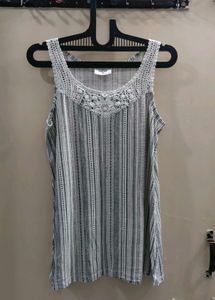 Striped Sleeveless Top with Crochet Neckline