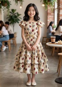 girls daily wear Leaf Print Tiered cotton frock