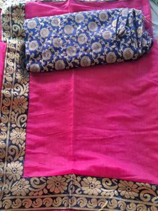 Vibrant Pink Silk Saree with Golden Floral Border