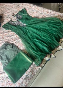 green anarkali suit with net dupatta and pajami