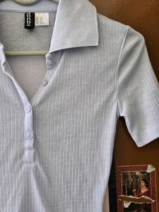 H&amp;M Light Blue Ribbed Polo Tee