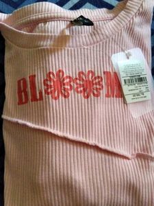 Pink Ribbed "Bloom" Graphic Top