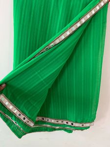 Vibrant Green Striped Saree with Mirror Work