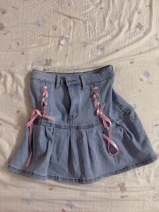 Cute Denim Mini Skirt with Pink Lace-up