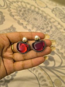 Ethnic Red Stone Pearl Earrings