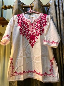 White Kurta with Pink Embroidery
