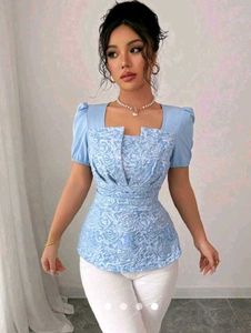 brand new(savana)patchwork blue Puff Sleeve Top